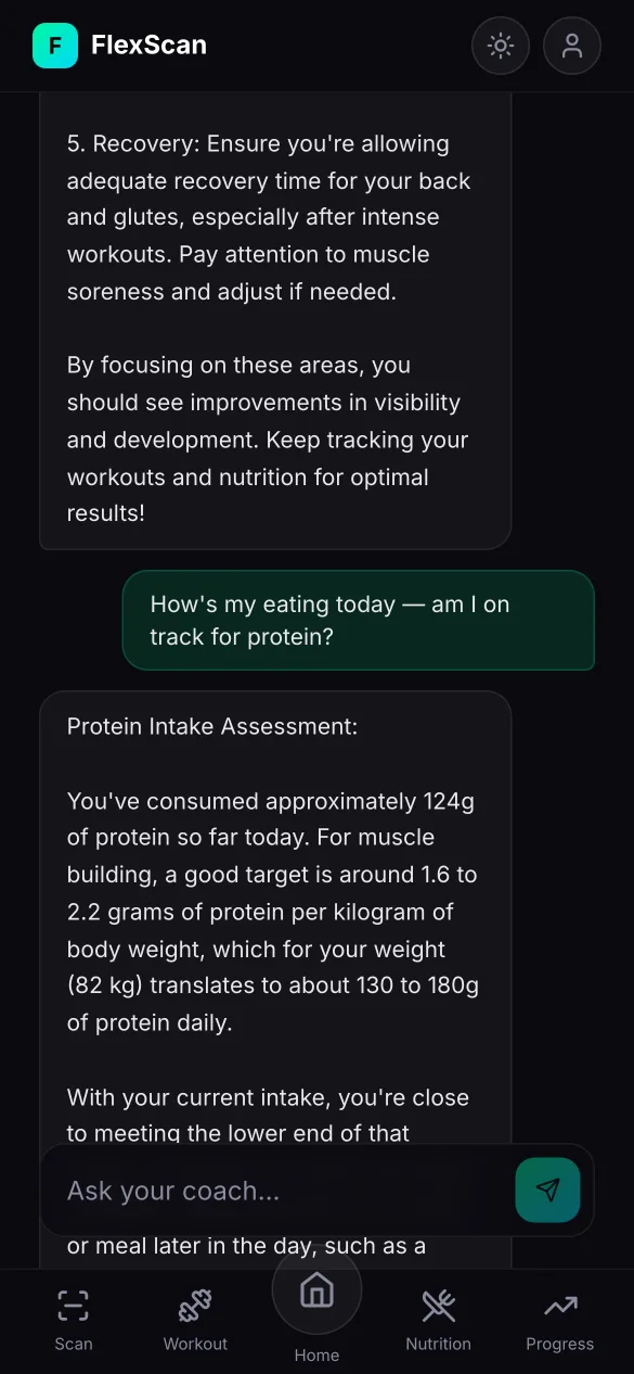 FlexScan coach chat: asked whether they are on track for protein, the coach answers with 124 grams eaten so far against a 130 to 180 gram target