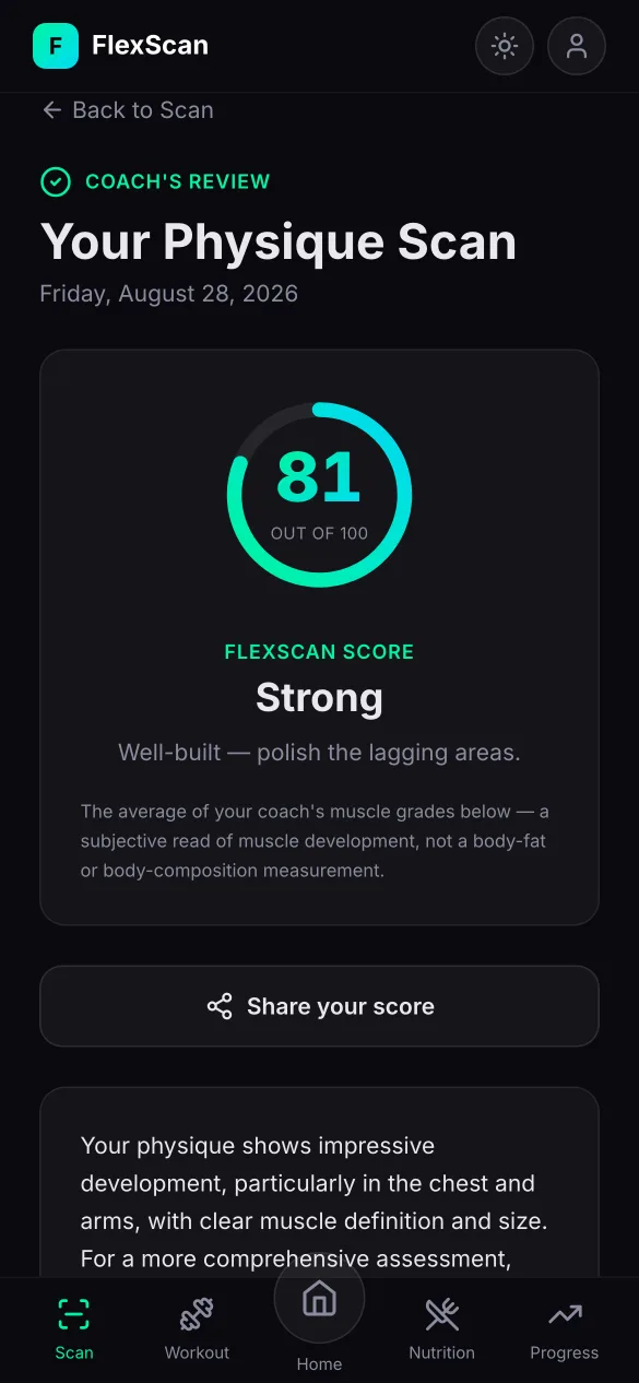 FlexScan results screen: a FlexScan Score of 81 out of 100 in a mint ring, labeled Strong, above the coach’s written review