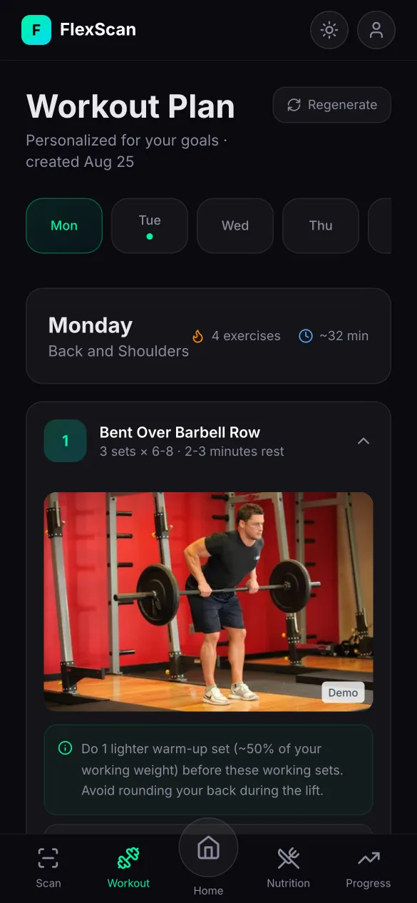 FlexScan workout screen: Monday, Back and Shoulders, four exercises, with a photo demo of a bent-over barbell row and a warm-up tip